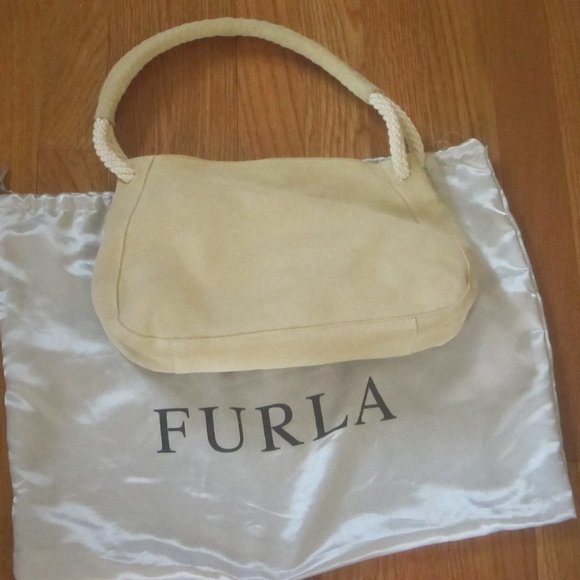 Y2K Furla Italy Ivory Suede & Rope Slouch Purse Handbag w Dust Bag - Picture 2 of 16